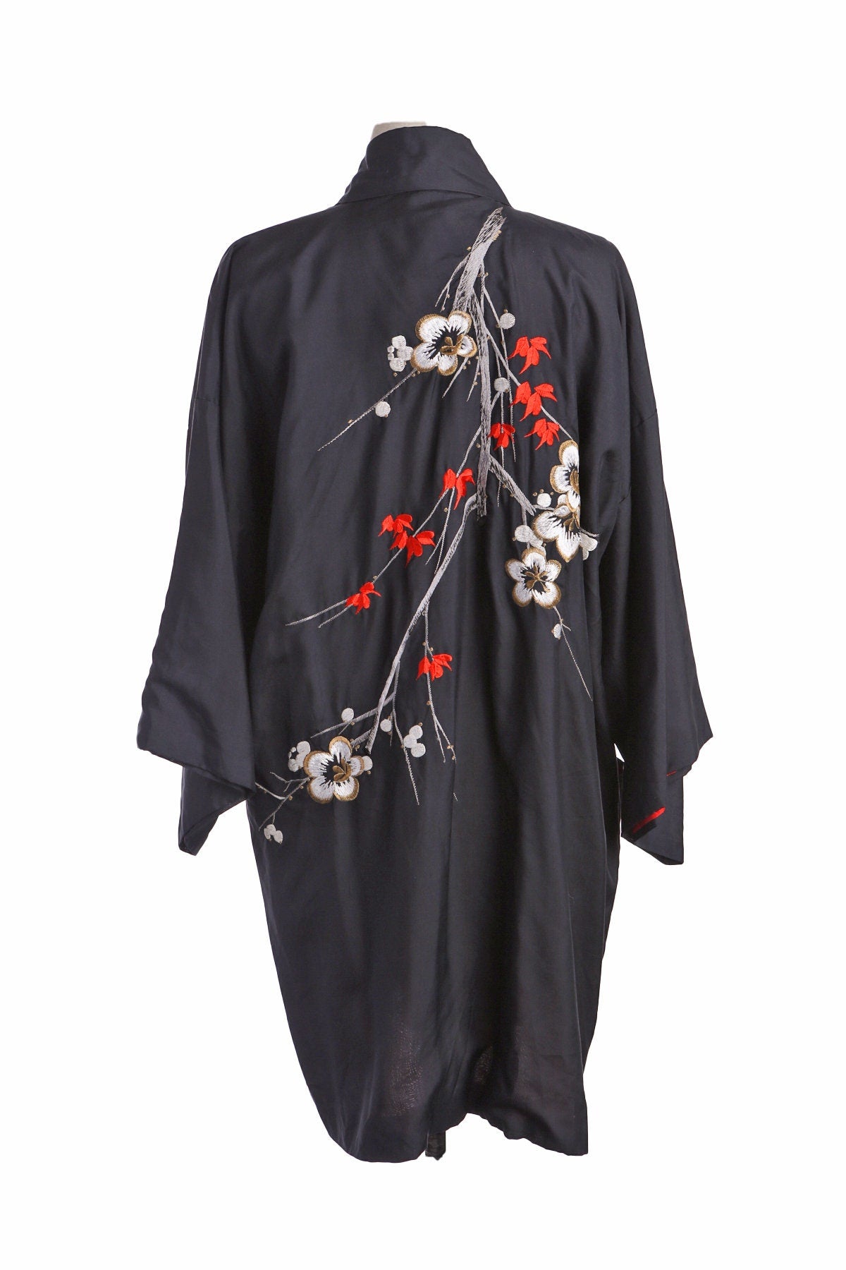 Vintage Black Kimono with Back Flower Embroidery and Bambo Print Inside Lining