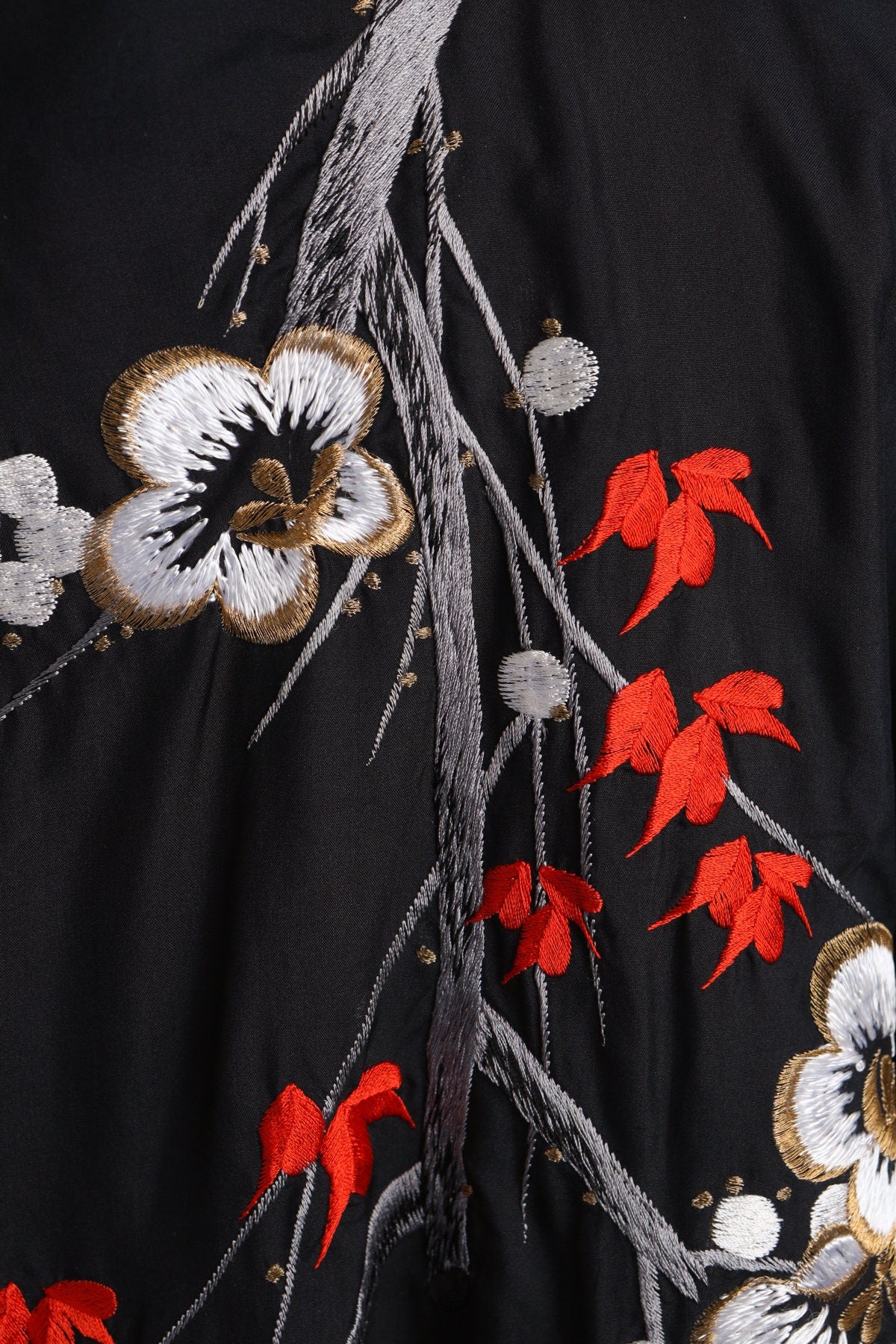 Vintage Black Kimono with Back Flower Embroidery and Bambo Print Inside Lining
