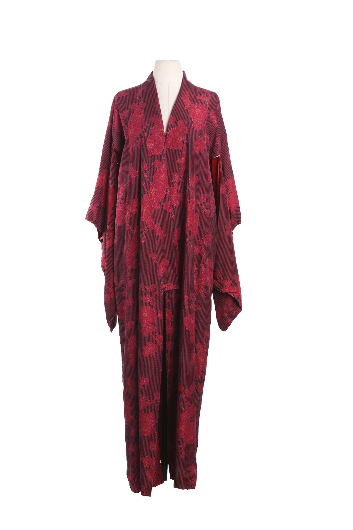 Vintage Red Kimono Robe with Striped Flower Print