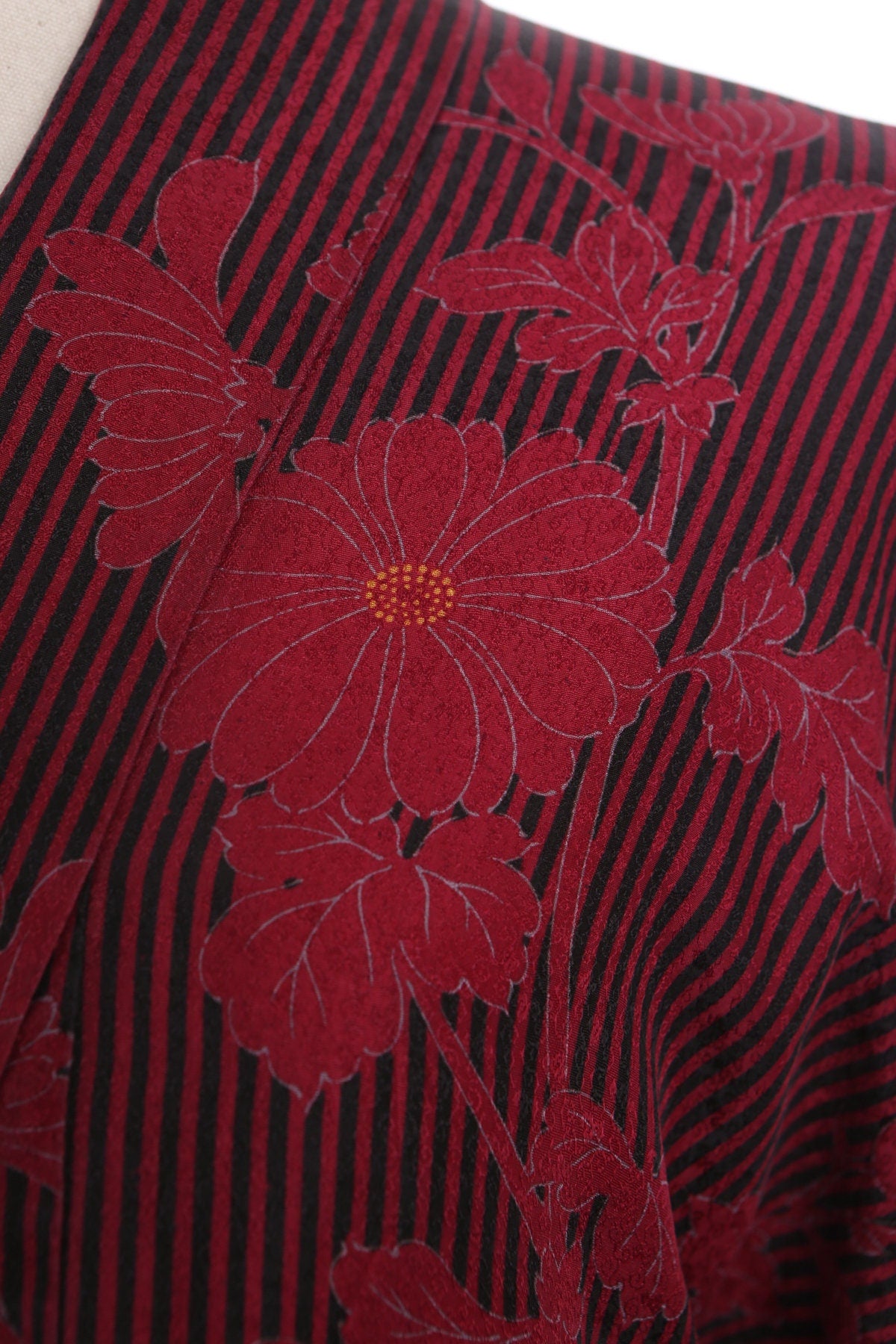 Vintage Red Kimono Robe with Striped Flower Print