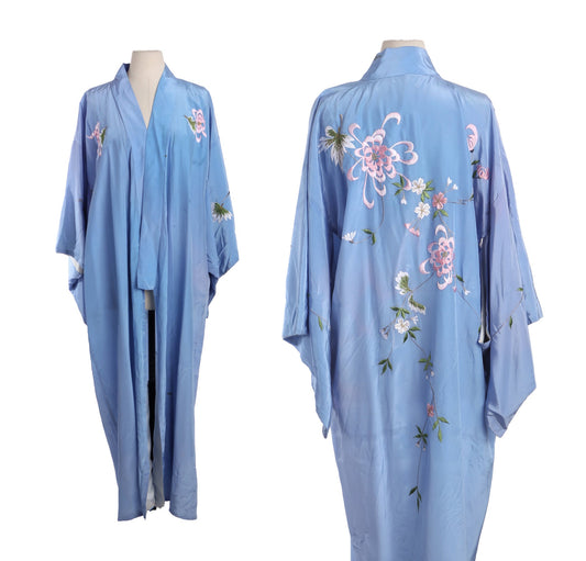Vintage Blue Kimono Robe with Flower Embroidery Designs