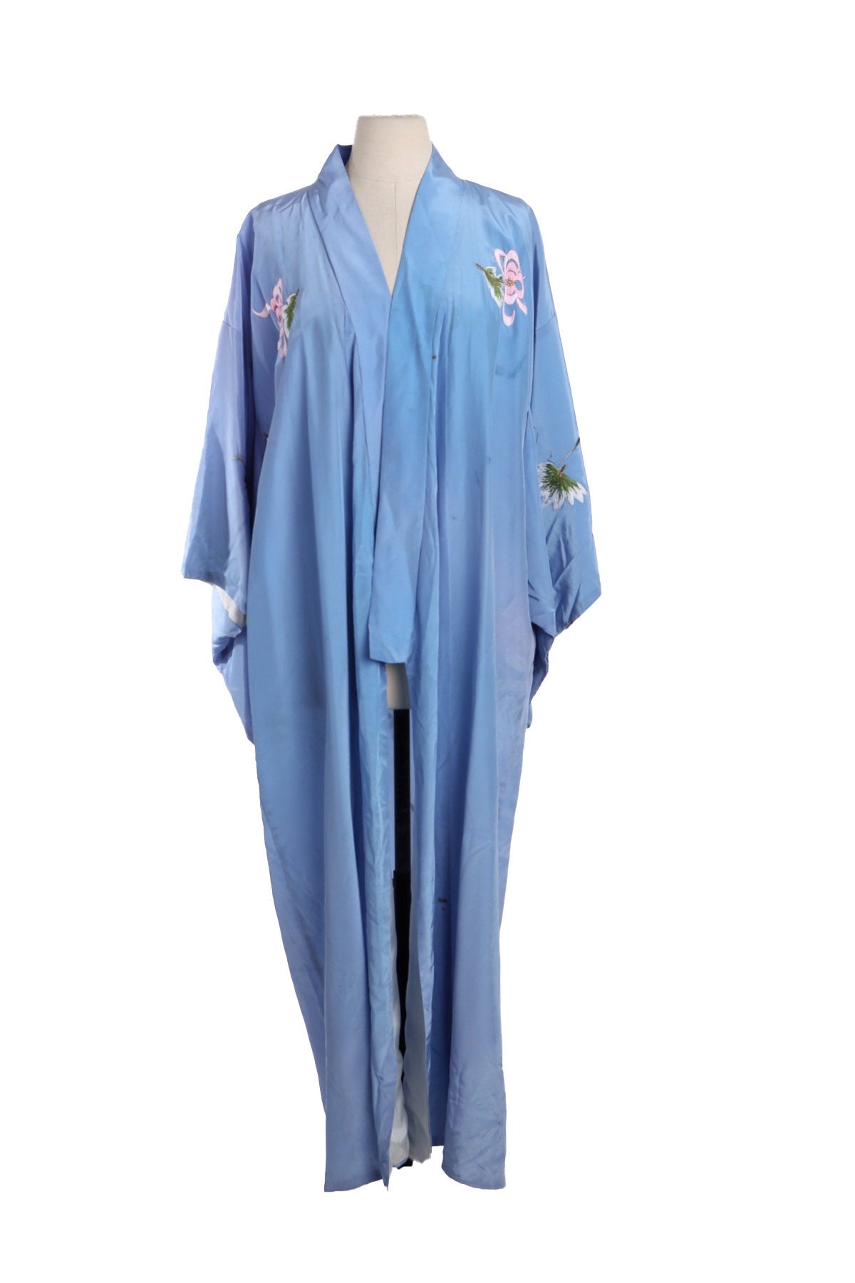 Vintage Blue Kimono Robe with Flower Embroidery Designs