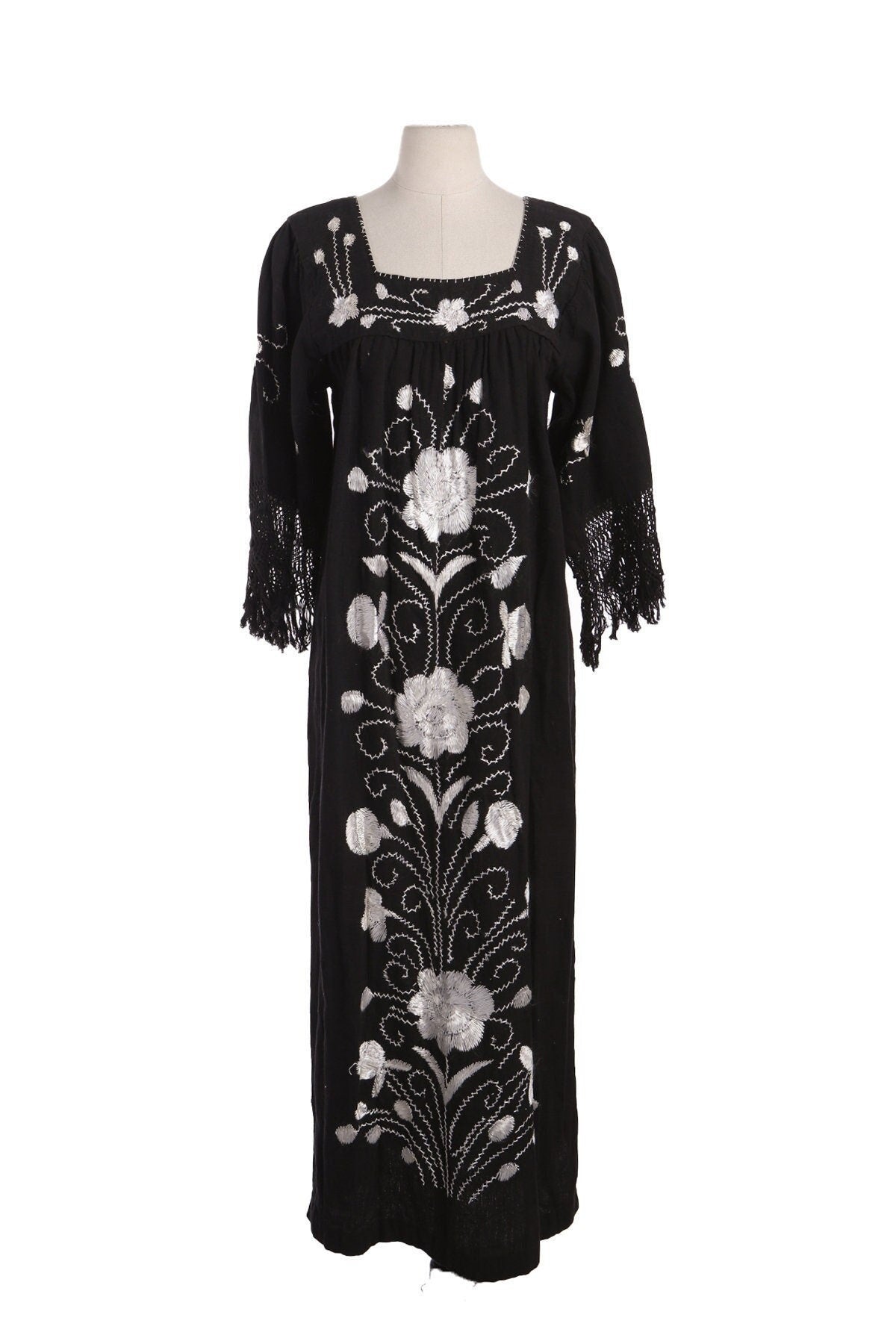Vintage Black Embroidered Dress with White/Silver Flower Embroidery Designs