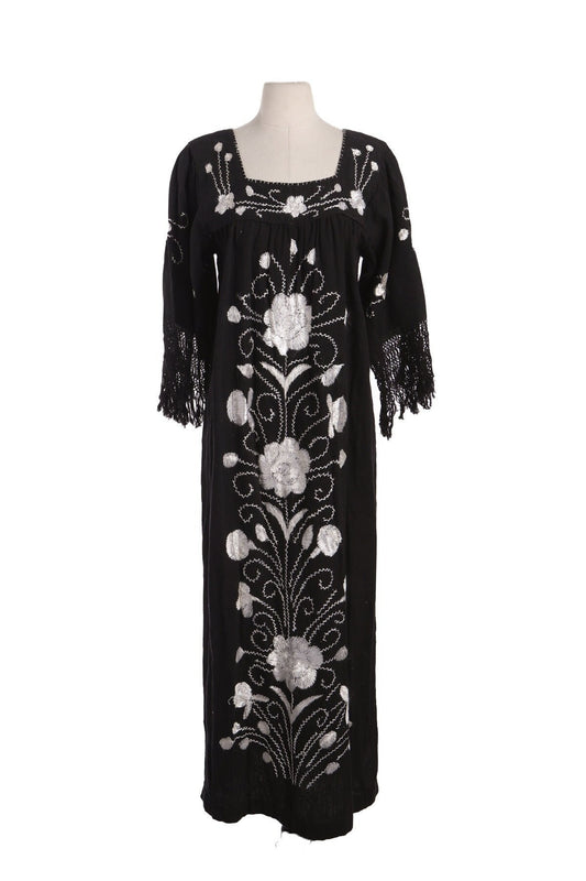 Vintage Black Embroidered Dress with White/Silver Flower Embroidery Designs