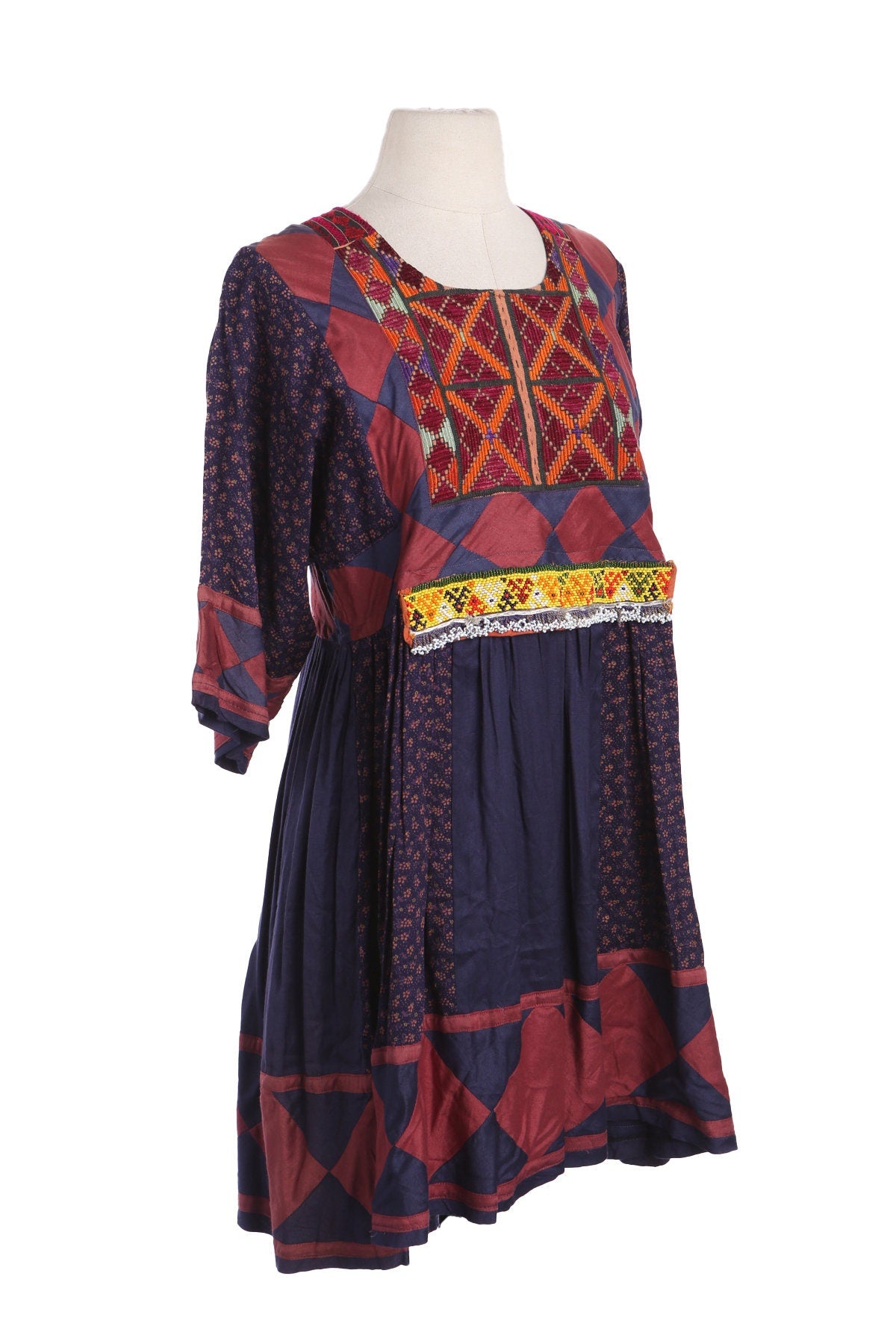 Vintage Ethnic Dress with Floral Print and Embroidered Designs