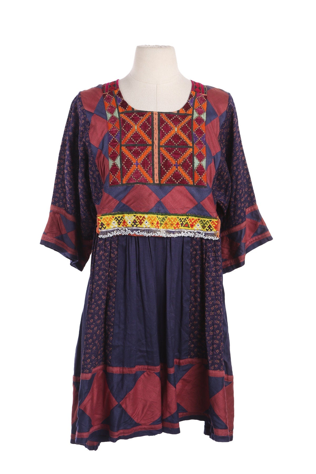 Vintage Ethnic Dress with Floral Print and Embroidered Designs