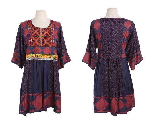 Vintage Ethnic Dress with Floral Print and Embroidered Designs