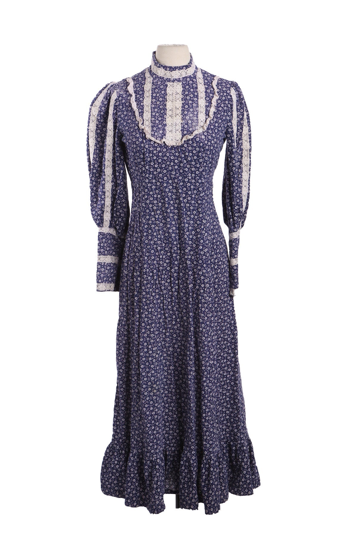 Vintage Blue Floral Print Long Prairie Dress - Era 70s - 80s