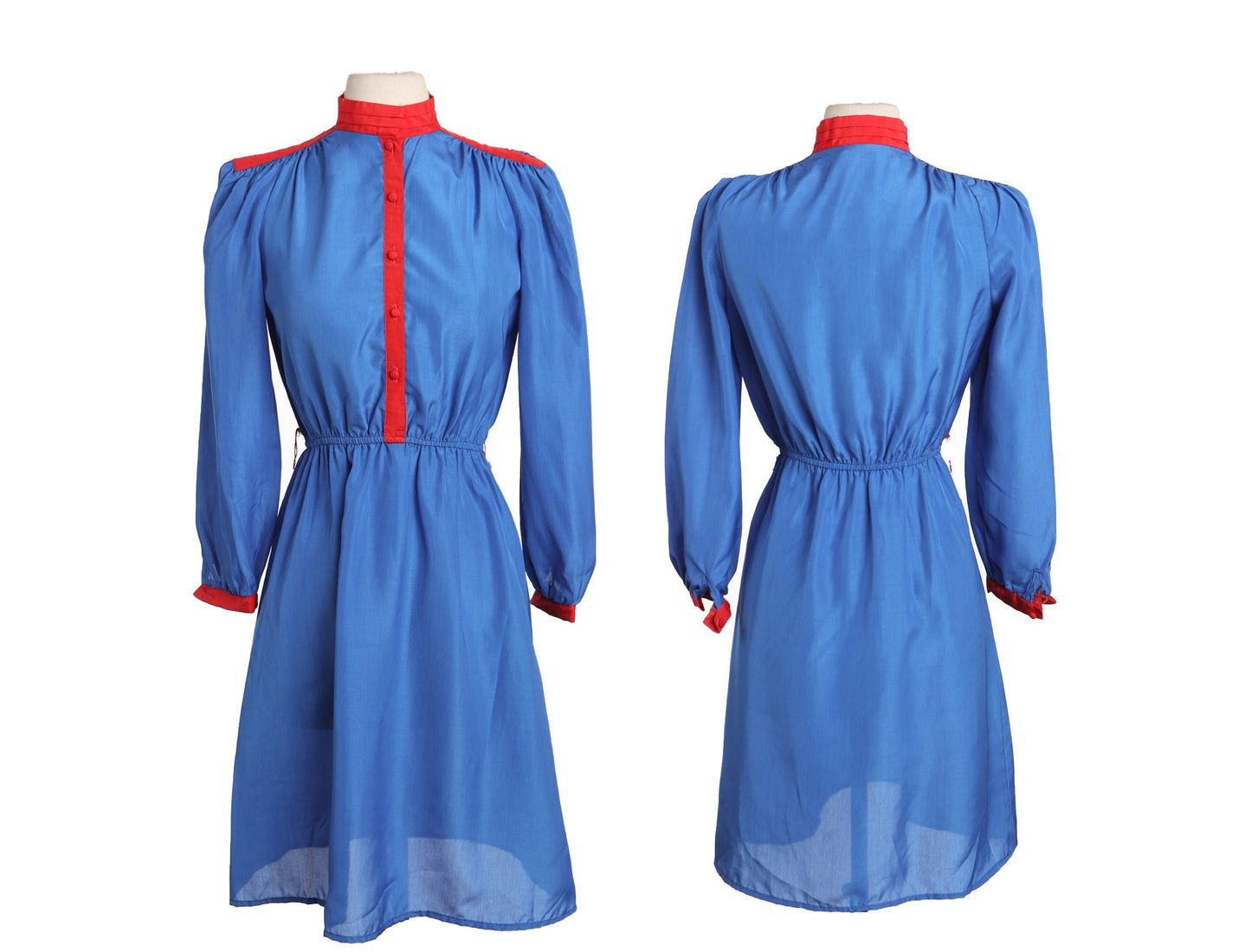 Vintage Blue Casual Dress with Red Collar and Shoulders