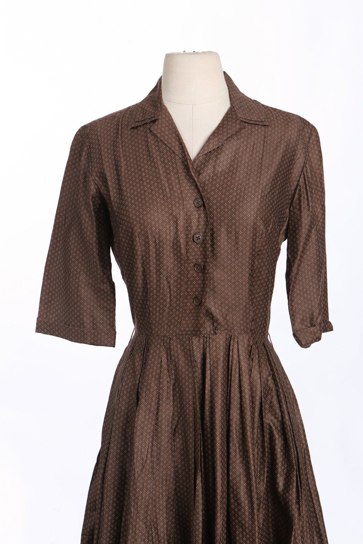 50s Women Brown Casual Short Sleeve Dress with Black Small Striped fabric Details