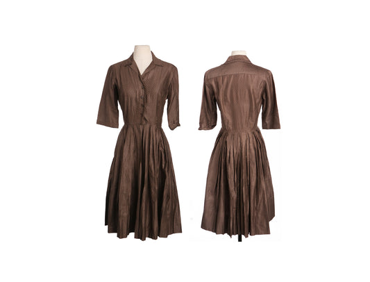 50s Women Brown Casual Short Sleeve Dress with Black Small Striped fabric Details