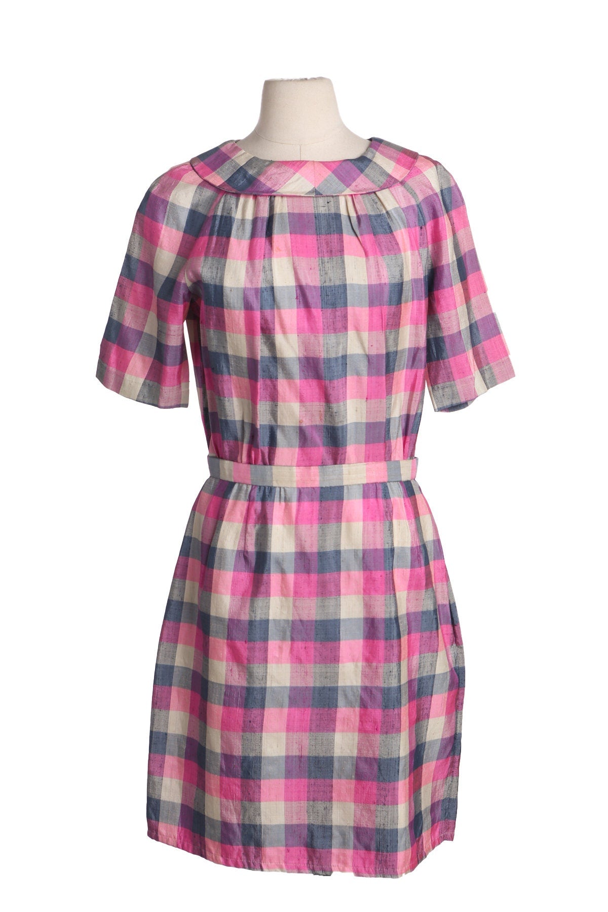 Vintage Women Pink Plaid Retro Dress - Era 50s - 60s