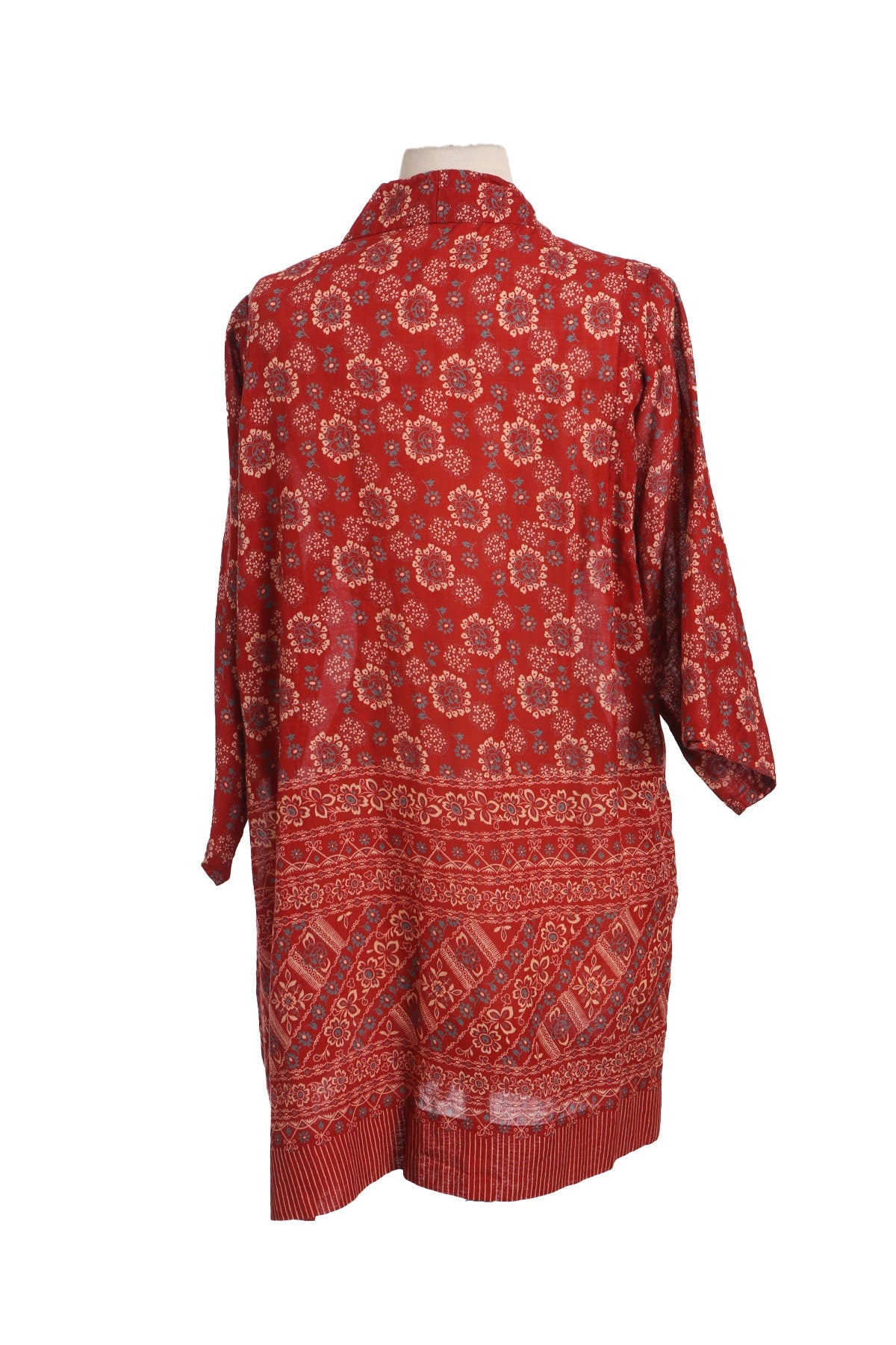 Vintage Women Red Floral Print Rayon Robe