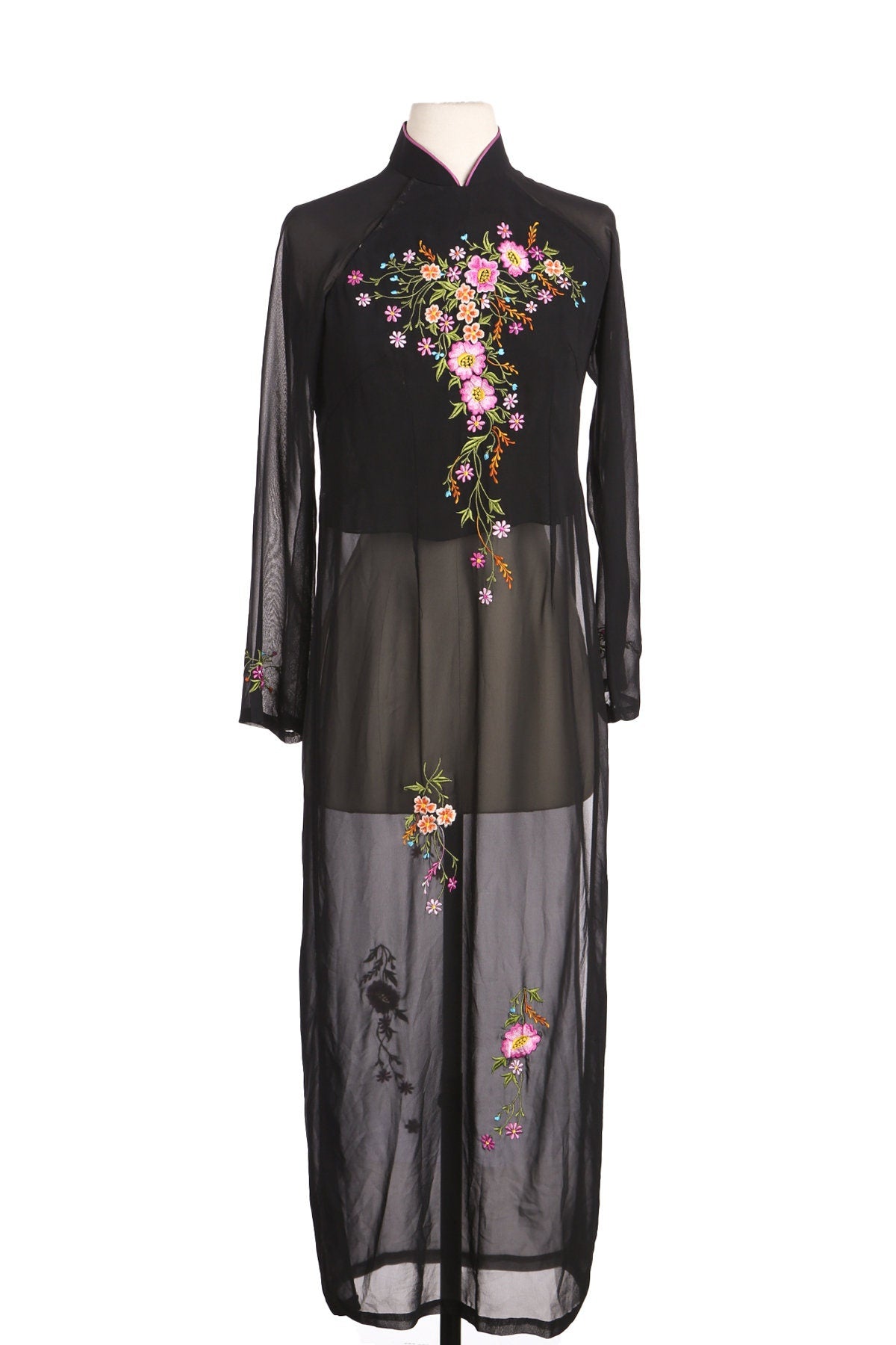 Vintage Black Cheongsam Dress with Floral Embroidery