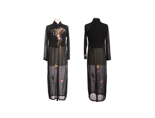 Vintage Black Cheongsam Dress with Floral Embroidery