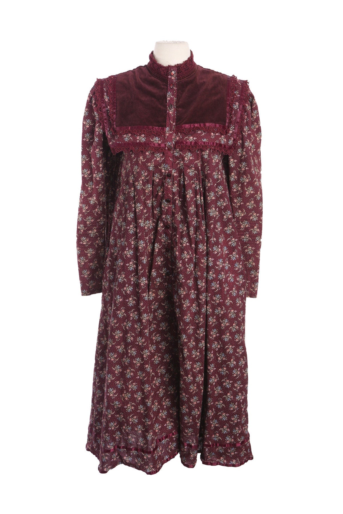 Vintage Prairie Dress with Red Flower Print Fabric and Velvet Shoulder Details