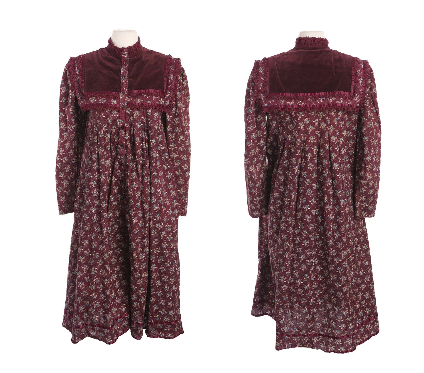 Vintage Prairie Dress with Red Flower Print Fabric and Velvet Shoulder Details