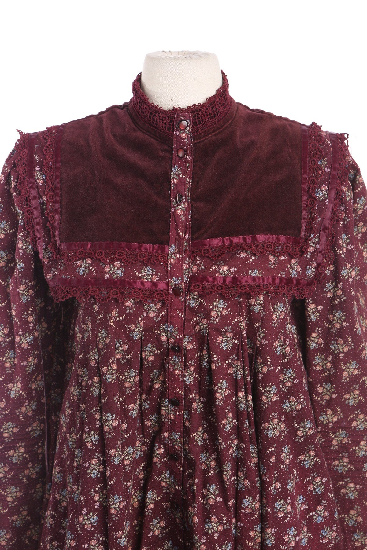 Vintage Prairie Dress with Red Flower Print Fabric and Velvet Shoulder Details