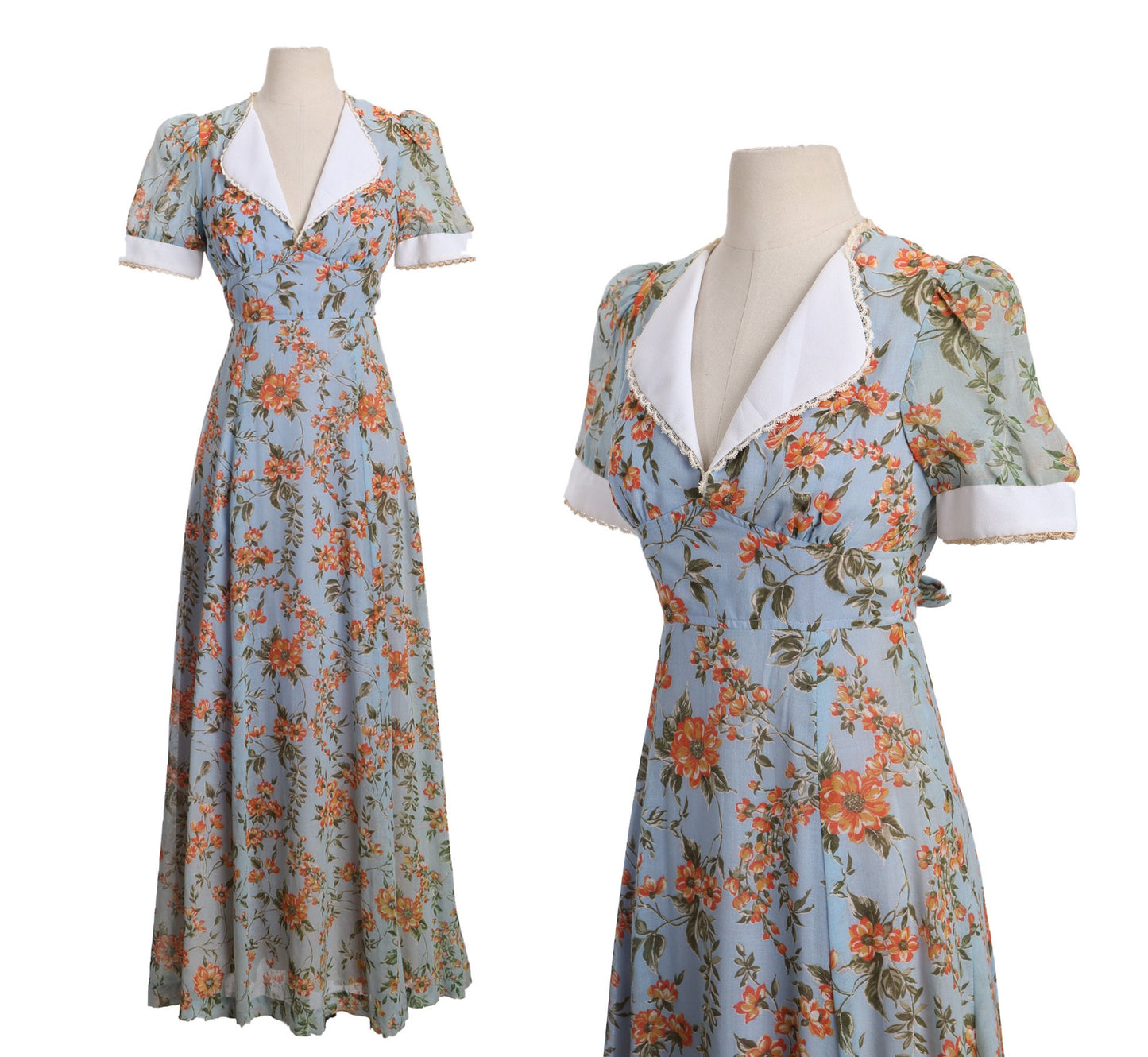 1970s Women Blue Long Floral Print Poly Summer Dress