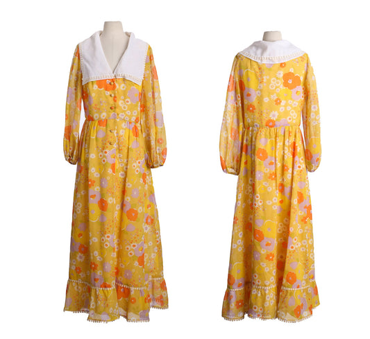 Women 70s Floral Print Yellow Summer Dress