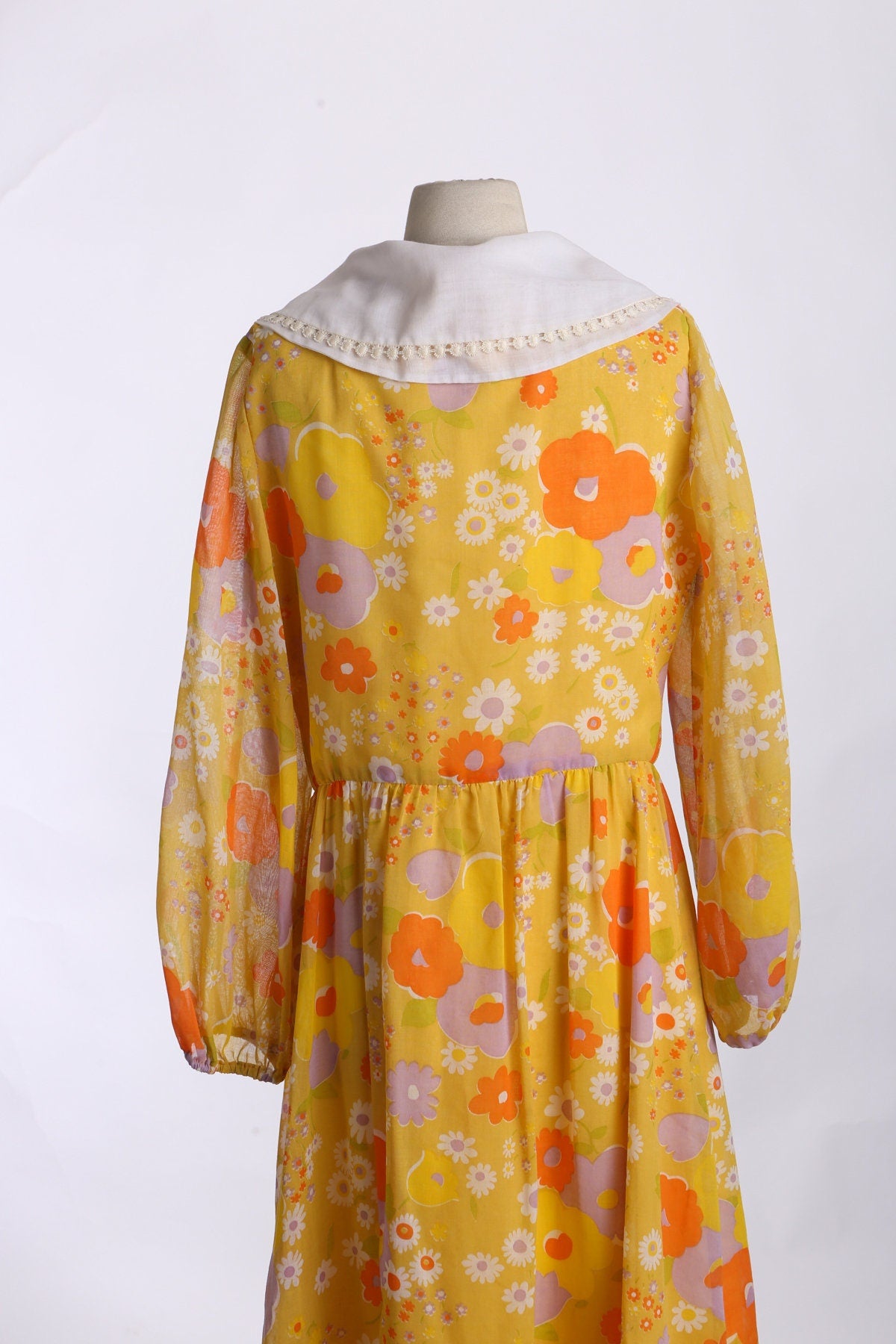 Women 70s Floral Print Yellow Summer Dress