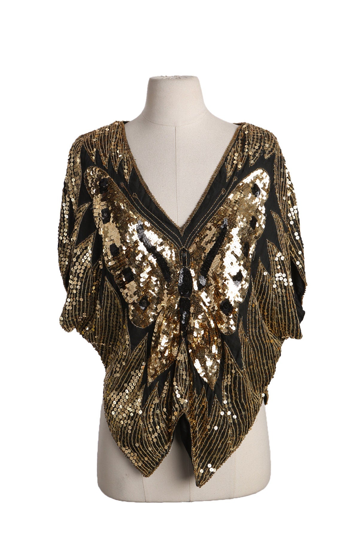 Vintage Golden Sequin Buttle Fly Top - Era 70s - 80s - Disco