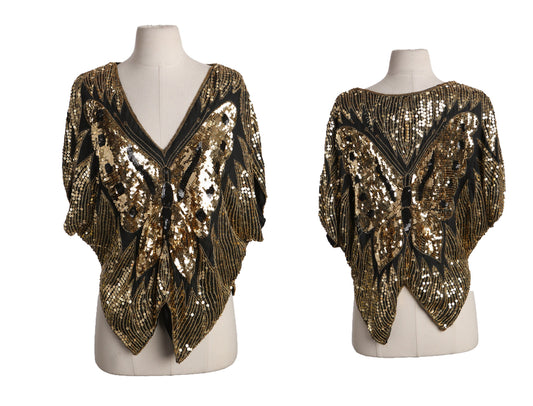 Vintage Golden Sequin Buttle Fly Top - Era 70s - 80s - Disco