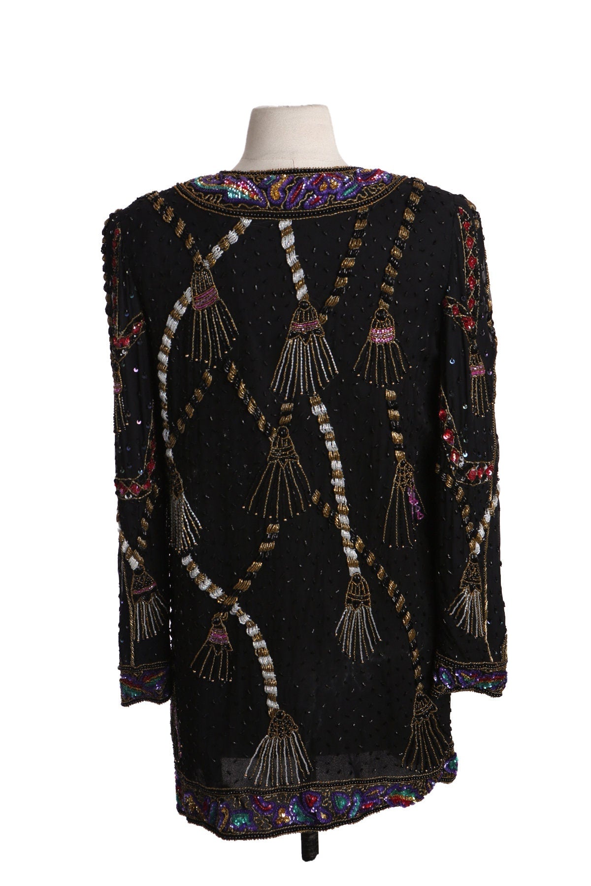 Black Sequin jacket with sequin Tassels Designs by Laurence Kazar - Era 80s - 90s