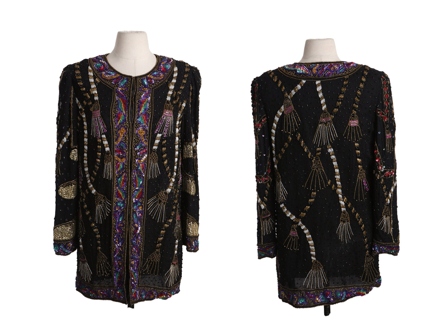 Black Sequin jacket with sequin Tassels Designs by Laurence Kazar - Era 80s - 90s