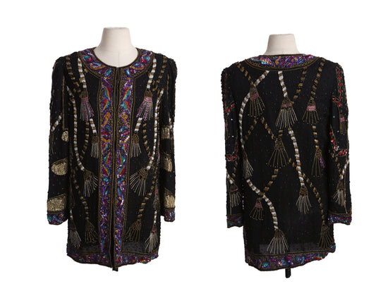Black Sequin jacket with sequin Tassels Designs by Laurence Kazar - Era 80s - 90s