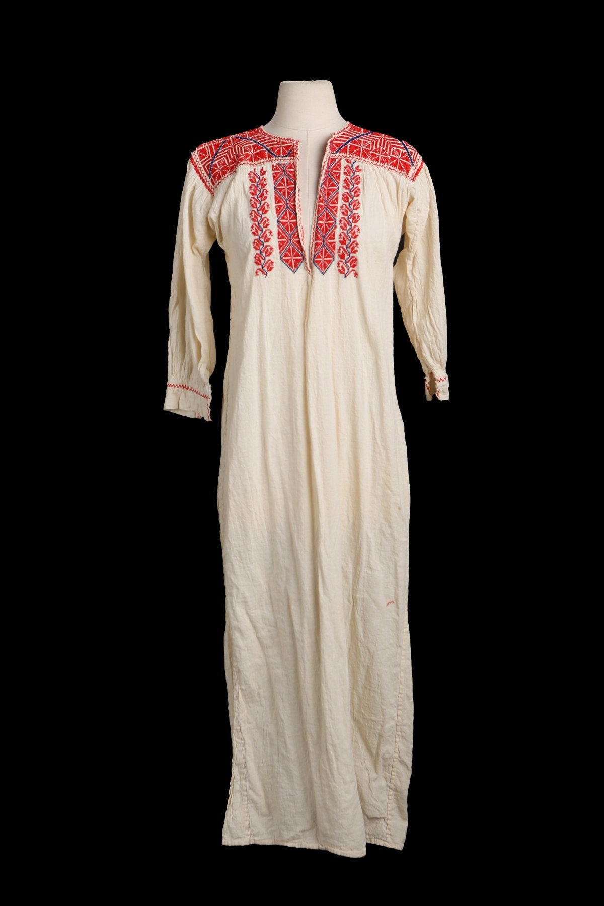 Vintage White Ethnic Long Dress with Red Embroidered Designs