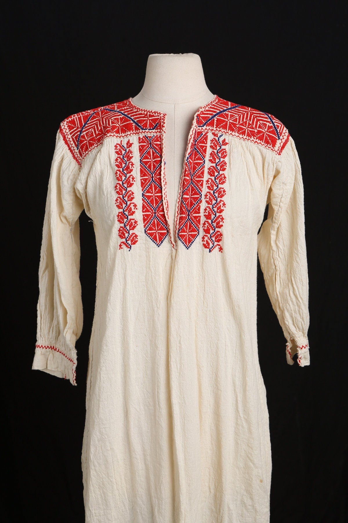 Vintage White Ethnic Long Dress with Red Embroidered Designs