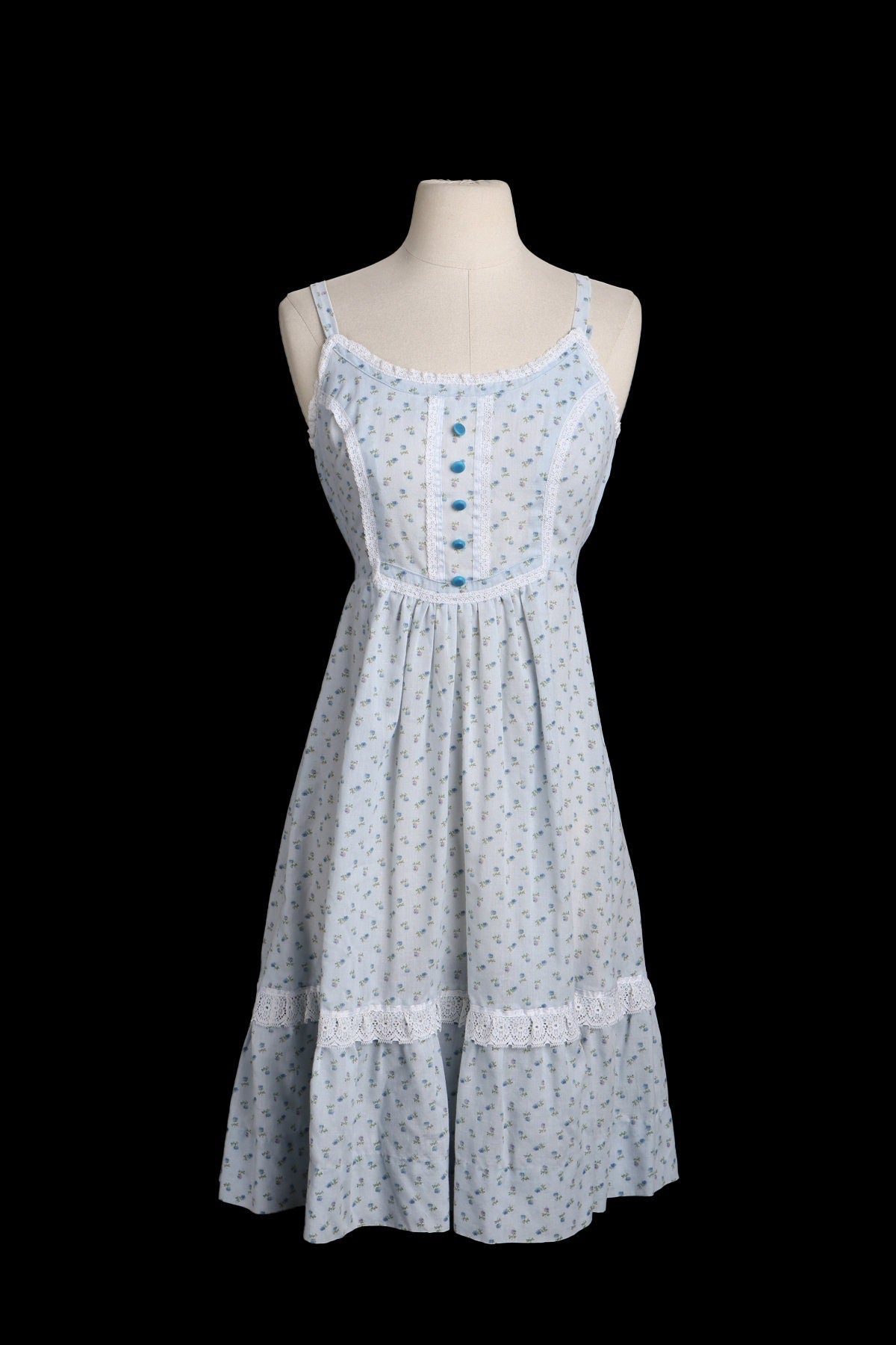 Vintage Women Blue Floral Print Summer Dress - Era 1970s - 1980s