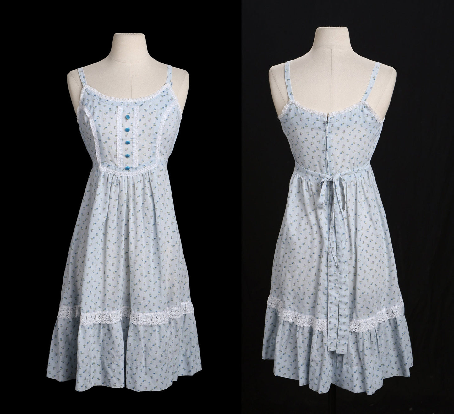 Vintage Women Blue Floral Print Summer Dress - Era 1970s - 1980s