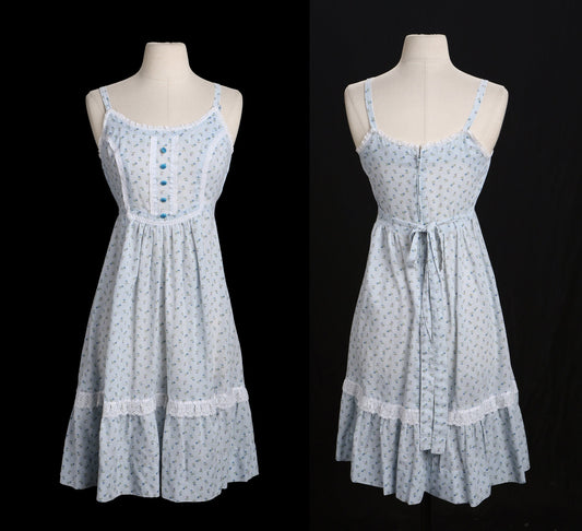 Vintage Women Blue Floral Print Summer Dress - Era 1970s - 1980s