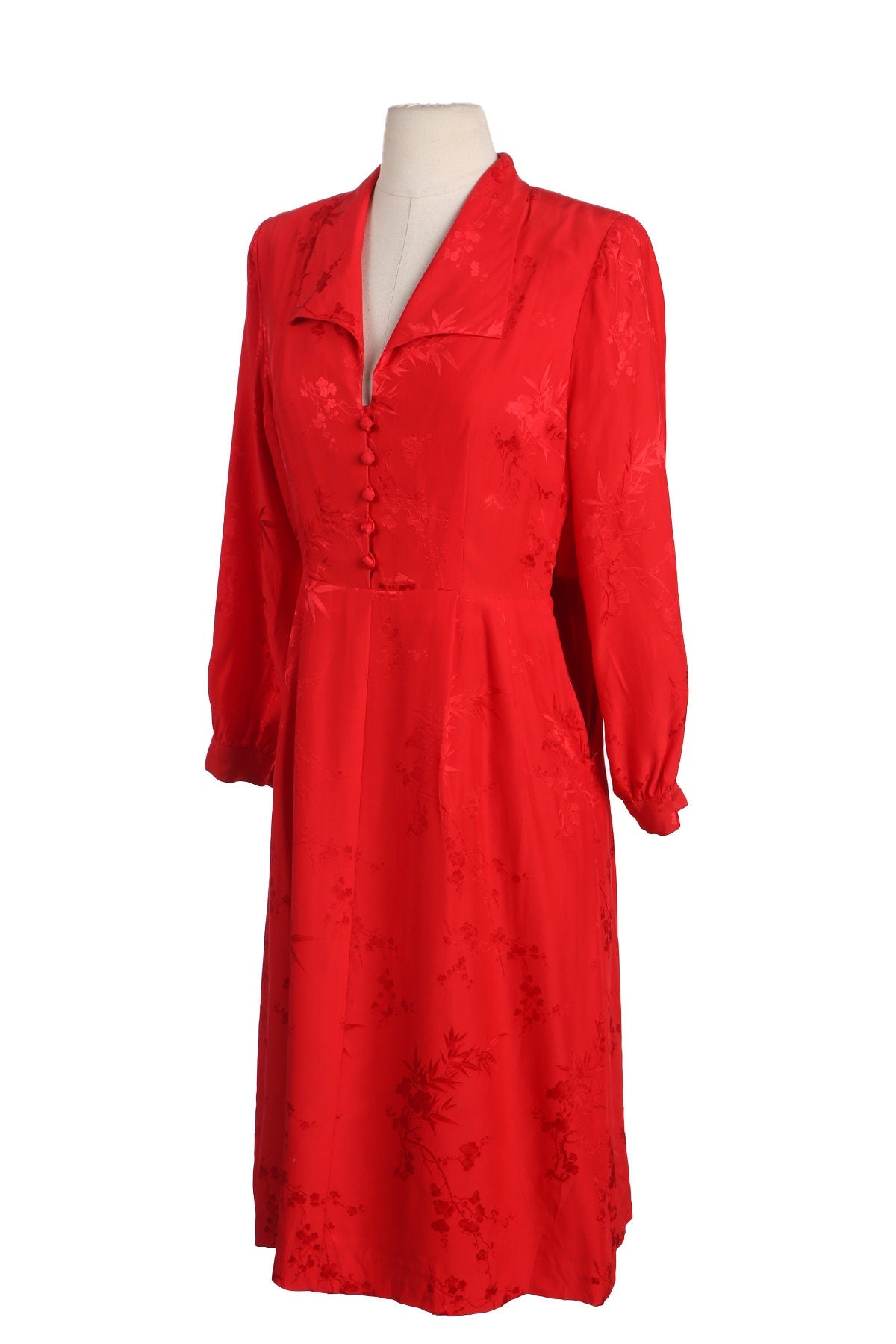 Vintage Women Red Casual Dress with Plant Print Design