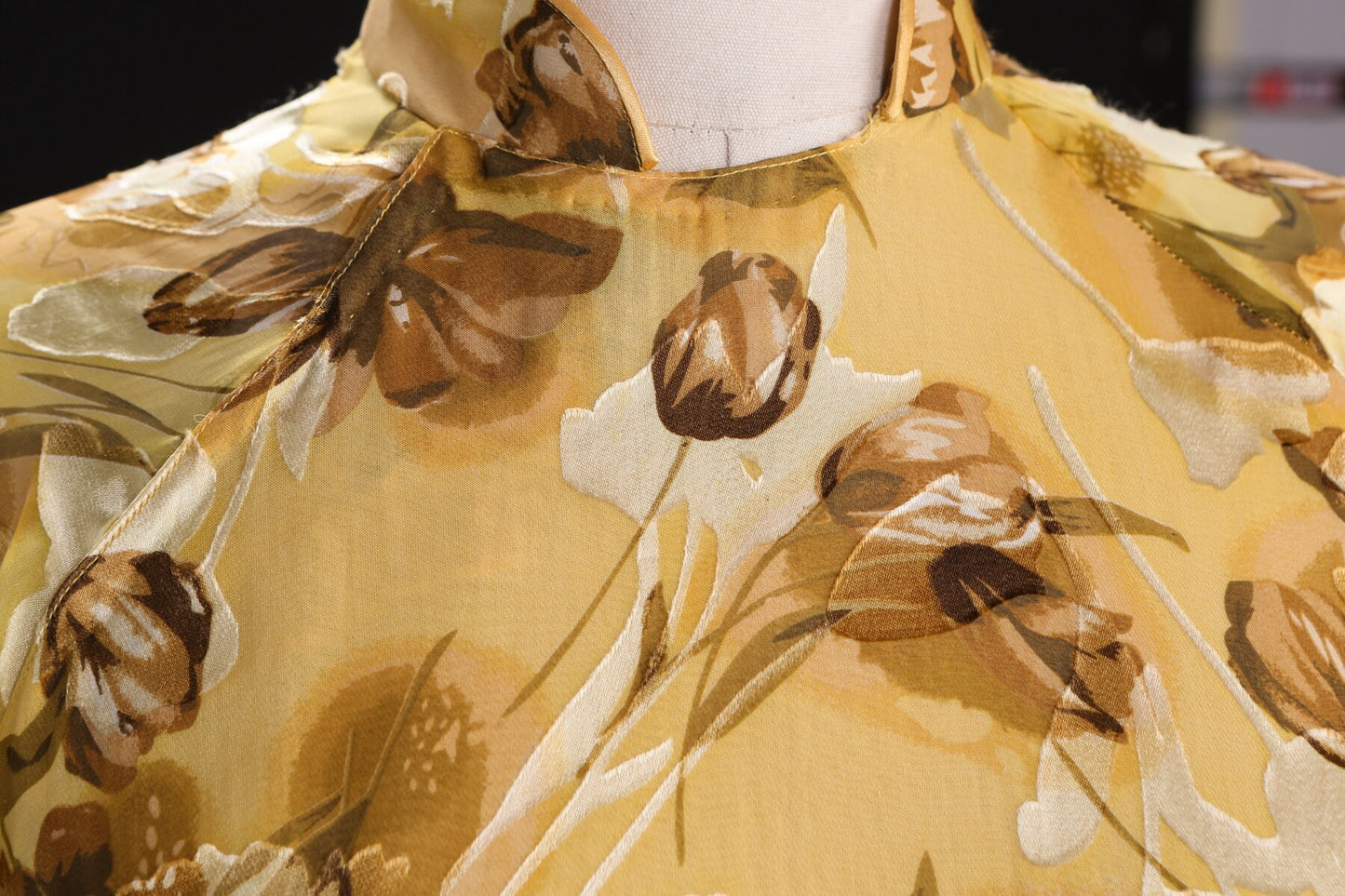 Vintage Cheongsam Dress with Yellow Flower Print Fabric Details
