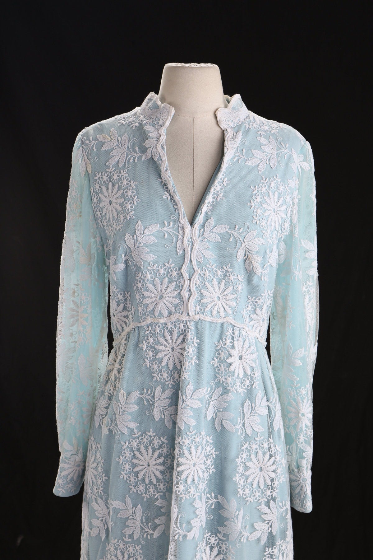 Vintage Blue Long Summer Dress with White Flower Embroidery