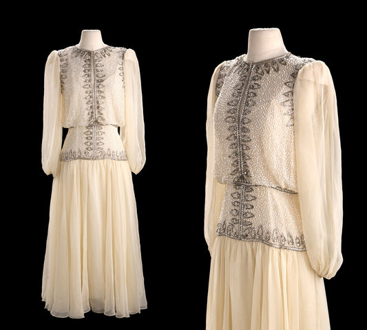 Vintage White Formal Sequin Dress - Era 1970s - 1980s