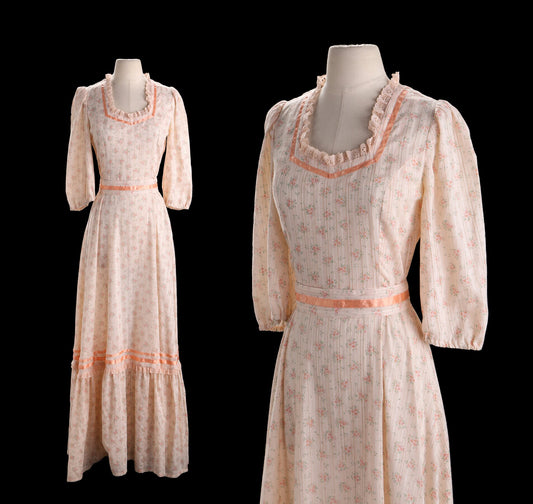 Vintage Prairie Dress - Orange Floral Print - Era 1970s - 1980s