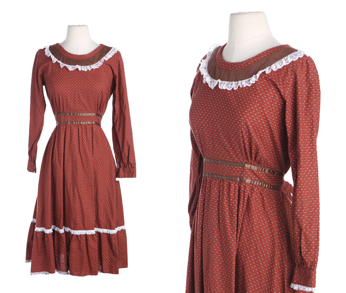 70s Women Prairie Dress - White Lace Collar Details