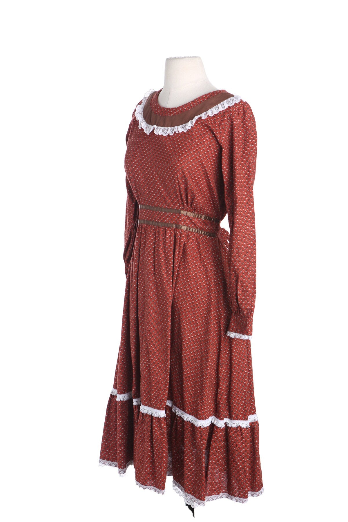 70s Women Prairie Dress - White Lace Collar Details