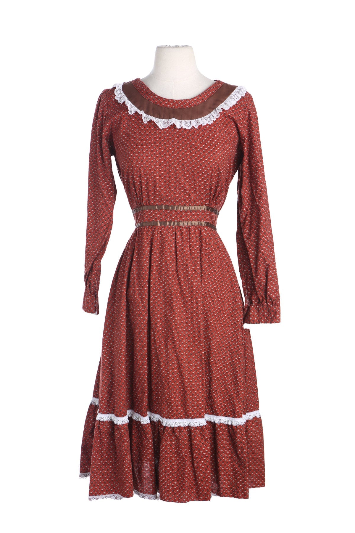 70s Women Prairie Dress - White Lace Collar Details