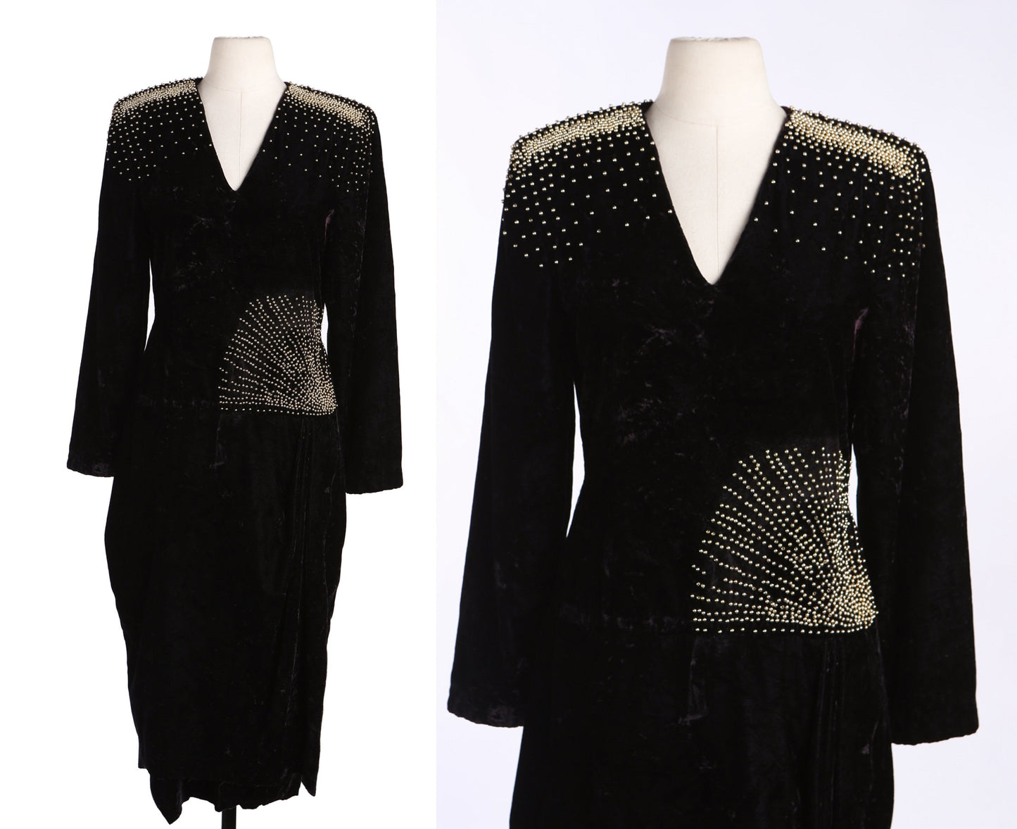 1990s Black Velvet Studded Evening Dress