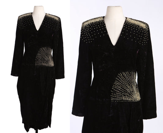 1990s Black Velvet Studded Evening Dress