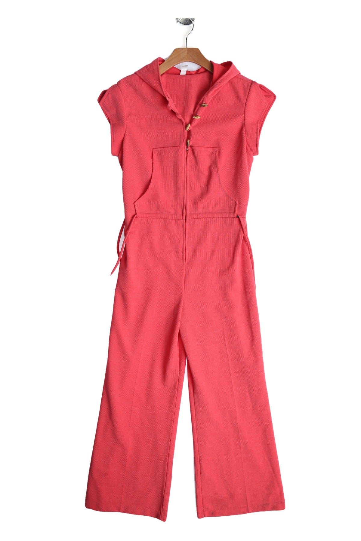 1970s Women Pink Poly Jumpsuit with Hood and Waist Adjusting Belt
