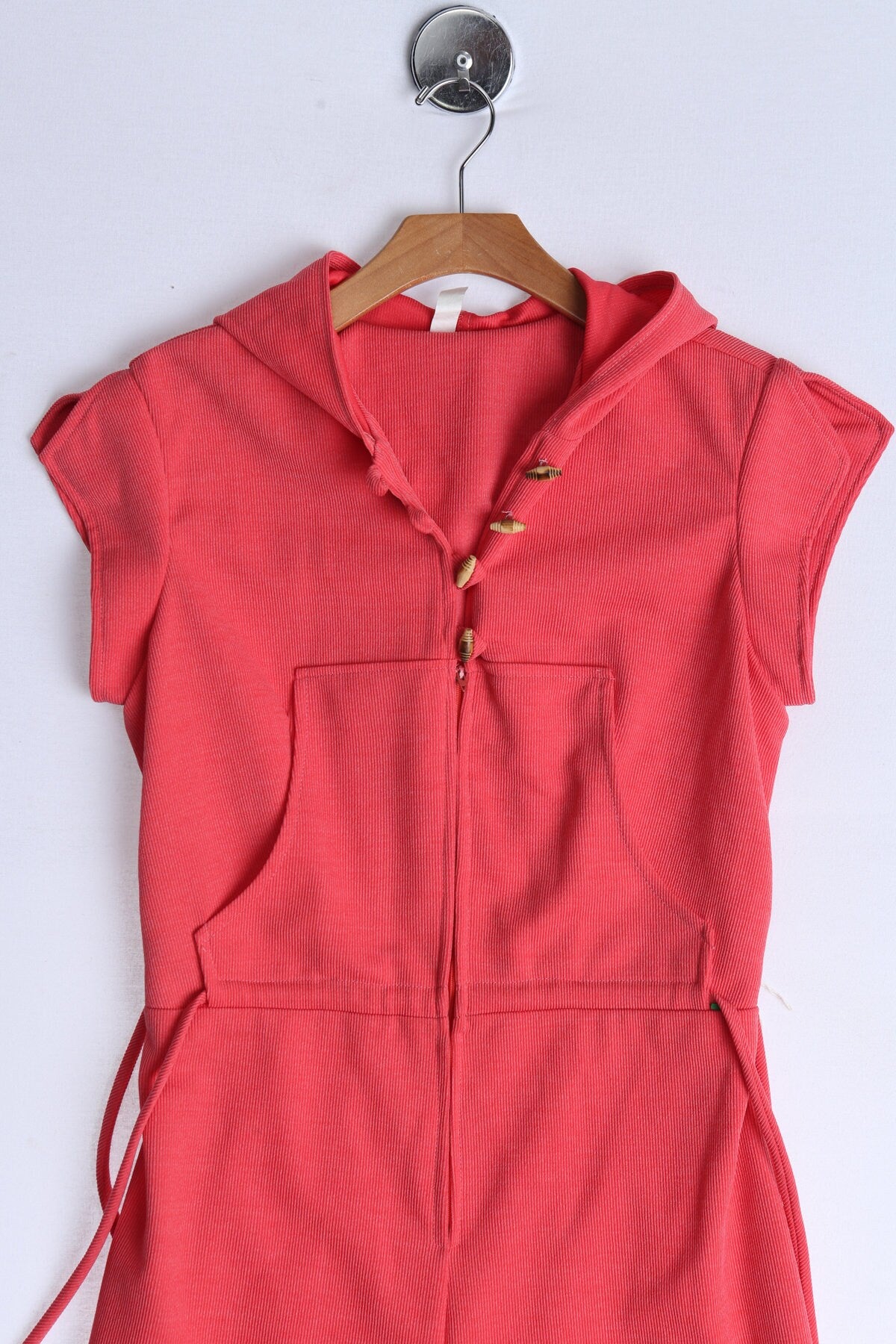 1970s Women Pink Poly Jumpsuit with Hood and Waist Adjusting Belt