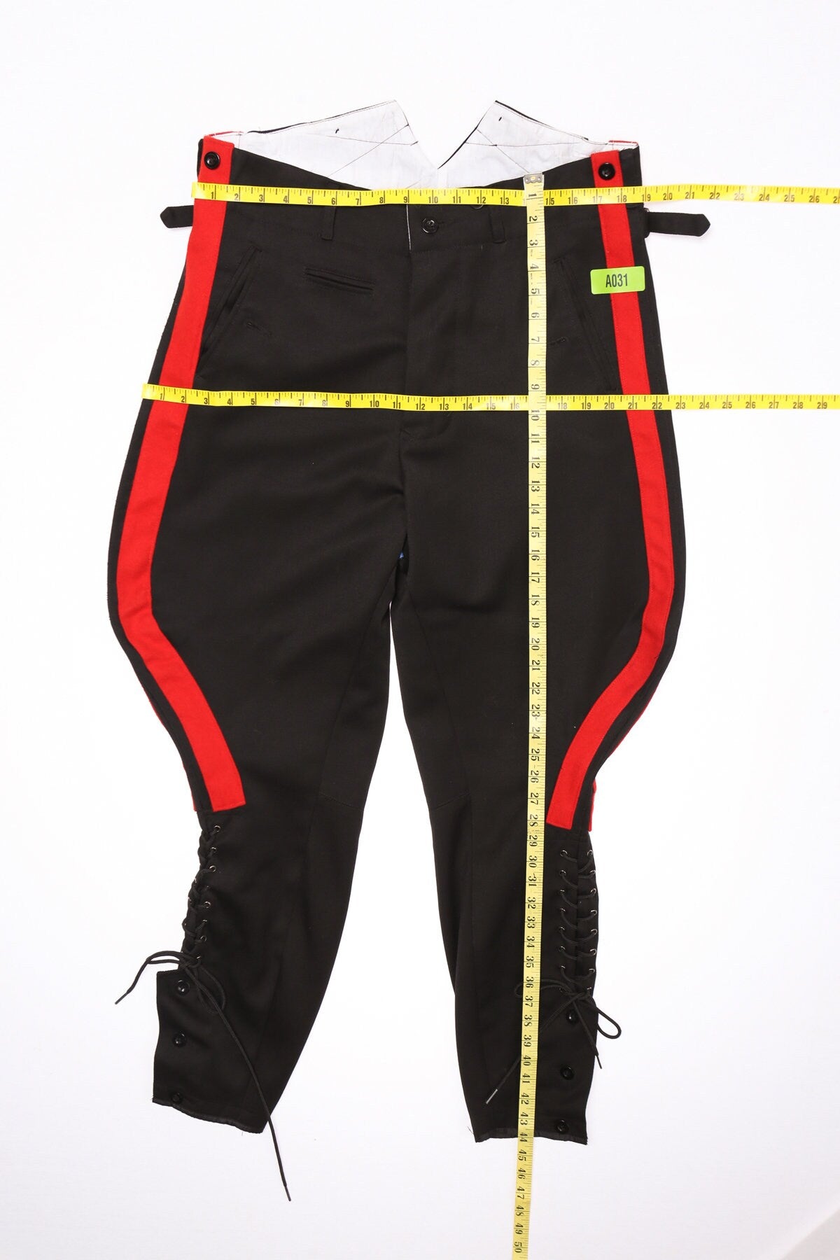 Men's Black Riding Pants with Red Side Lines and Bottom Lace Closure