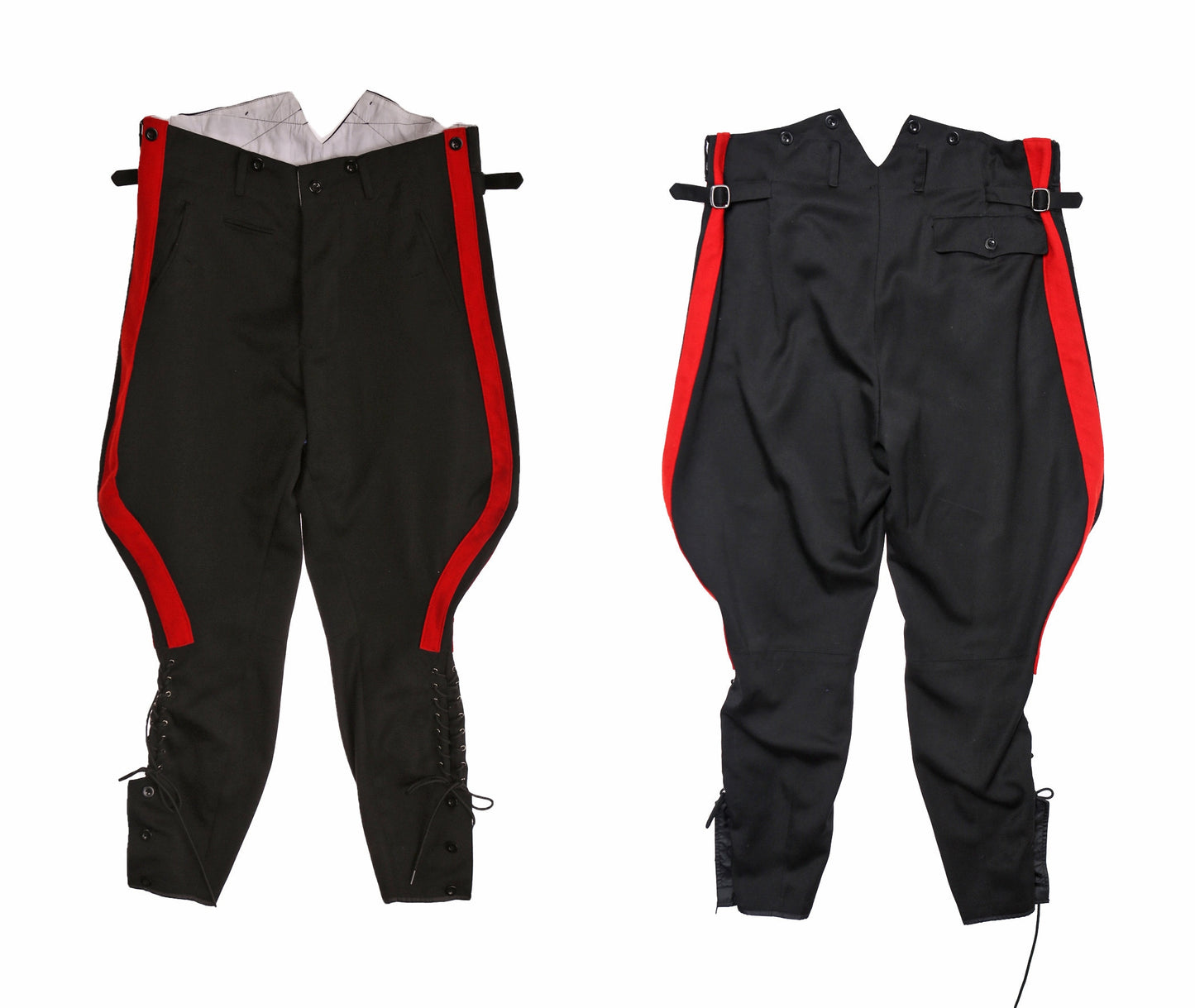 Men's Black Riding Pants with Red Side Lines and Bottom Lace Closure