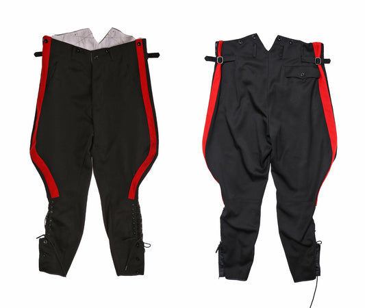 Men's Black Riding Pants with Red Side Lines and Bottom Lace Closure
